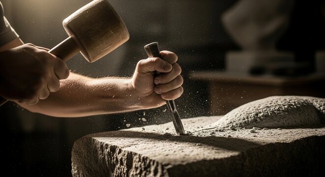 Man working on stone sculpture with chisel and hammer in workshop