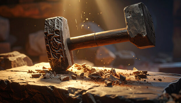 Hammer striking anvil in workshop with debris and sparks