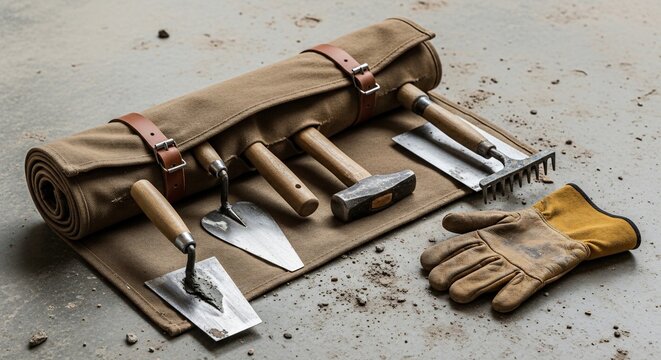 Masonry tools on a work surface with glove