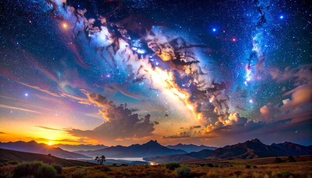 Milky Way galaxy over serene mountain landscape at sunset