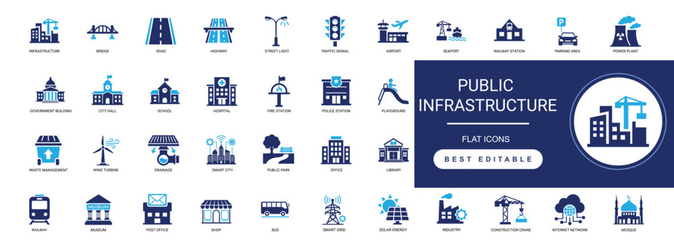  Public infrastructure solid icon set, city public utility facility urban editable vector illustration