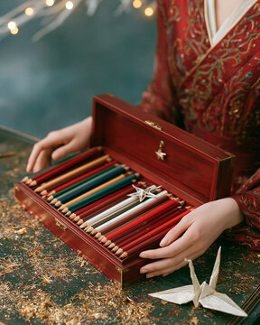 Hands Holding Colored Pencils in Red Wooden Box on Festive Table