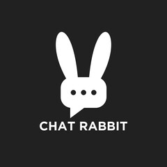 Fototapeta premium Chat Rabbit Logo Design with Speech Bubble and Bunny Ears Symbol on Black Background
