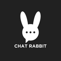 Fototapeta premium Minimalist white rabbit head logo with speech bubble and three dots, representing chat, communication, and AI, on a dark black background.