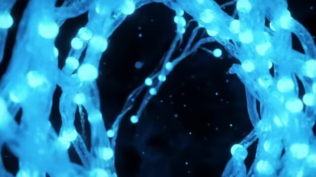 Blue glowing fiber optic network in dark space