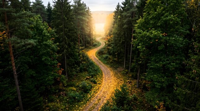 Winding dirt road through a pine forest at sunset with landscape adventure sunlight wilderness perspective environment atmosphere