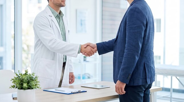 Male doctor shaking hands with businessman in clinic office for healthcare insurance and corporate medical partnership
