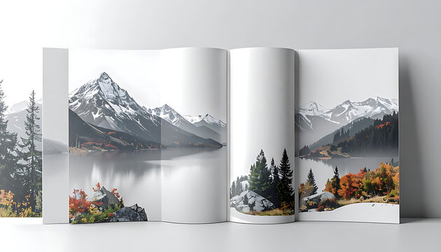 Open brochure mockup with mountain landscape illustration, scenic nature view, print presentation, editorial design