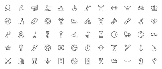Sports and games icon set. Minimal icons pack. Featuring ping pong, cricket, diving, volleyball, weightlifting, football, tennis, golf, baseball, billiard, archery, basketball and more. © wang