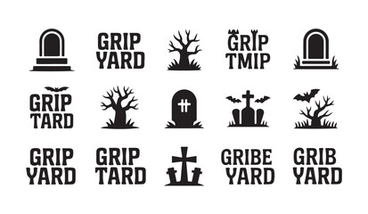 Halloween graveyard typography and icon set with spooky trees and cemetery grave elements. © MDABDUR