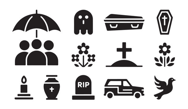 Memorial service and burial ceremony icons with coffin flower urn and mourning people.