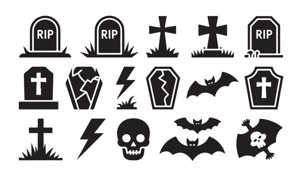 Halloween graveyard icon set with tombstones coffins and bats for holiday party graphic.