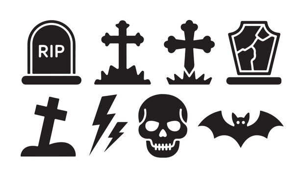Set of cemetery icons with tombstones cross skull lightning and bat for halloween design.