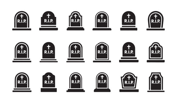 Large collection of rip tombstone icons isolated on white background for design projects.