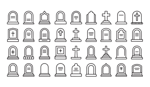Large collection of tombstone icon symbols for memorial and cemetery graphic design projects.