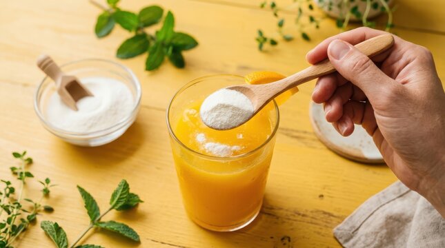 Hand holding wooden spoon with collagen powder over orange juice glass