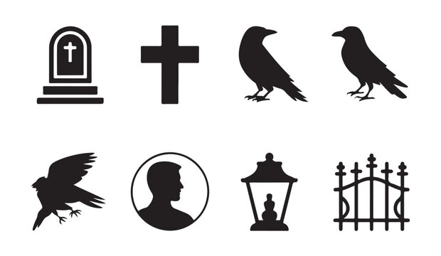 Spooky gothic icon set with crows tombstones lantern and iron fence for dark themed projects.