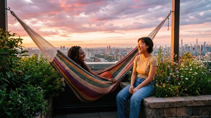 Fototapeta premium Two diverse female friends relaxing and laughing on urban rooftop garden with hammock and city skyline view at sunset for lifestyle and travel advertising