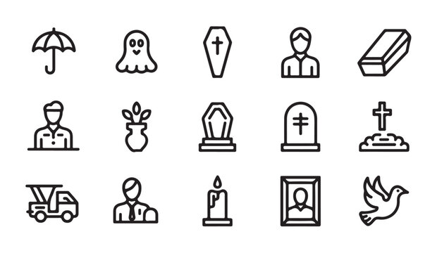 Funeral and burial service icons including coffin grave portrait and candle line style.