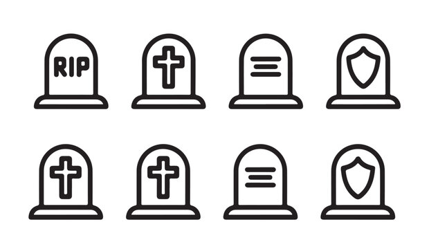 Halloween tombstone grave icons spooky graveyard celebration holiday vector set.