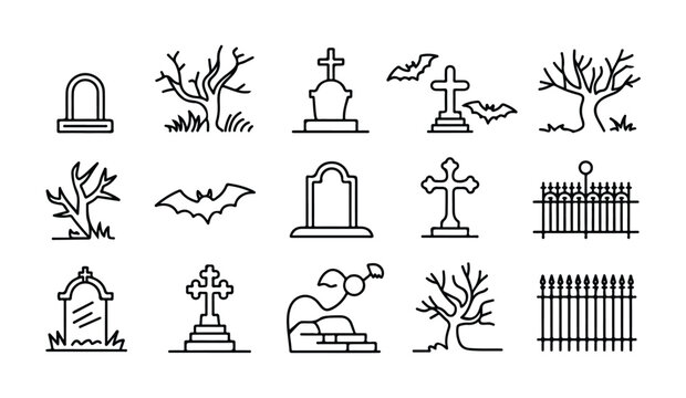 Gothic cemetery and graveyard vector icons with headstones trees bats and fences series.
