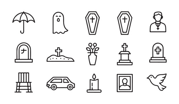 Funeral service and memorial icons set including coffin candle portrait dove line art.