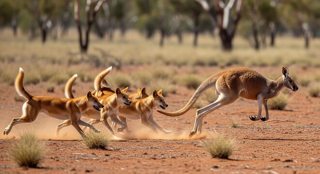 Kangaroo and dingos running in the outback desert landscape