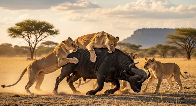 Lions hunting buffalo in savannah grassland at sunset