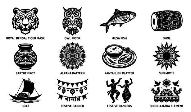 Pohela Boishakh Folk Art Silhouette Icons Vector Set with Tiger Mask Ilish and Owl