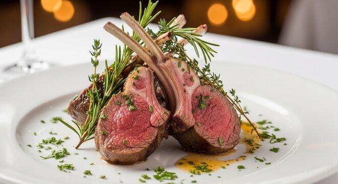 Rack of lamb with rosemary on a white plate