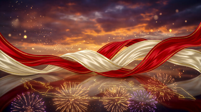 Indonesian Independence Day backdrop: elegant red and white silk ribbons form dynamic waves flowing across the scene, the outline of the Indonesian archipelago is smooth and radiant.