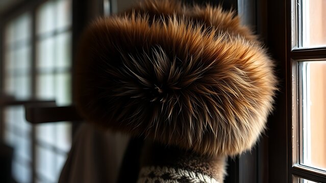 Deep brown bearskin ushanka hat resting on a dark wooden coat rack.