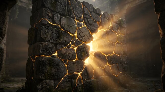 Abstract golden light rays breaking through a crumbling stone wall with crumbling breaking abstract mysterious dramatic sunlight