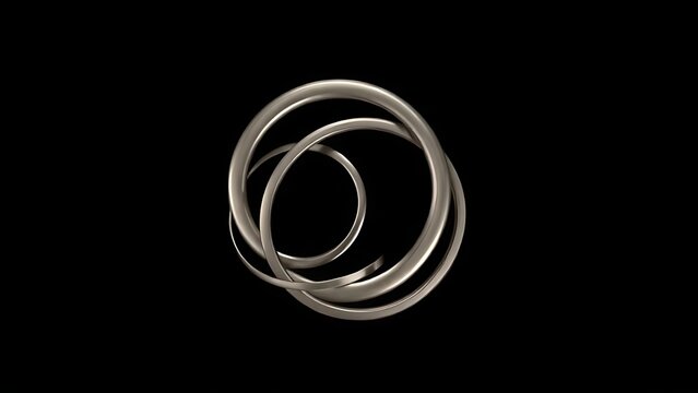 Three interlocking, continuously rotating rings on a dark background, symbolizing perpetual motion.