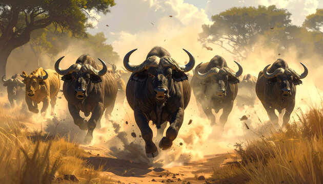 wild african bulls running in savannah grassland