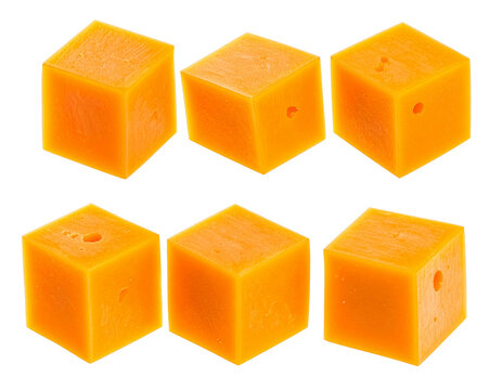 Six orange translucent dice cubes arranged together.