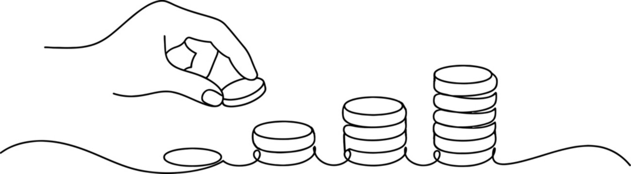 Continuous line drawing Saving money concept, financial growth, coin stack, hand adding coin, investment