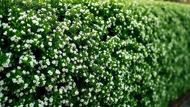 Dense privet hedge covered in clusters of tiny white flowers.