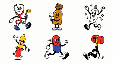 Obraz premium Vintage clinical care routine and medical tools vector stickers pack. Minimalist cartoon icons for clapping medicine bottle, shiny dermatology ointment tube, and happy dropper.