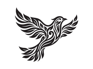 Fototapeta premium Elegant Black and White Tribal Bird Tattoo Design with Ornate Leaf Wings Silhouette Illustration