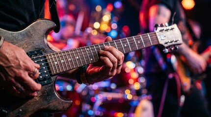 Obraz premium Musician plays electric guitar on stage with colorful lights and band members