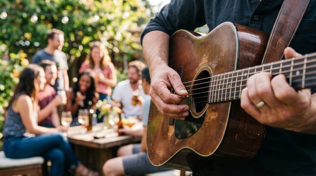 Man plays guitar while friends socialize outdoors in a garden