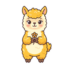 Obraz premium Cute cartoon alpaca holding a flower with a bow