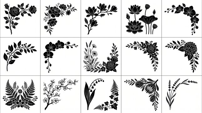 Set of floral corner borders and decorative elements isolated on white