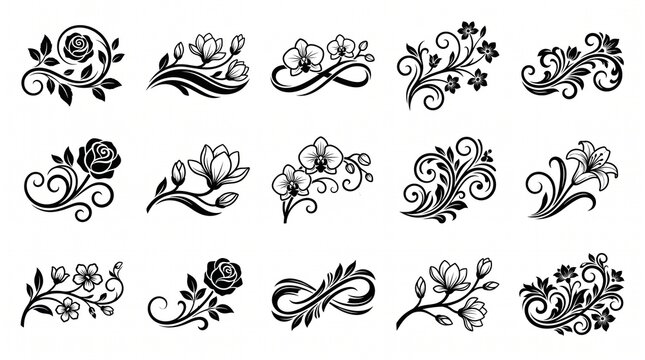Set of decorative floral elements and ornaments isolated on white background