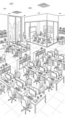 Obraz premium Comprehensive Architectural Outline Illustration of a Modern Open Plan Corporate Office Workspace with Busy Employees