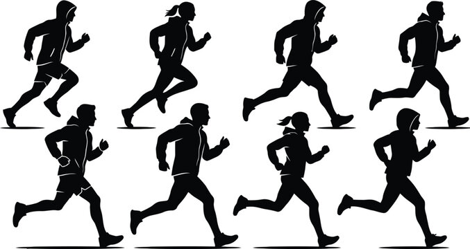 People running in different jogging styles sequence