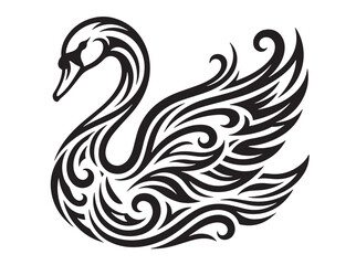 Fototapeta premium Graceful Swan Silhouette Tribal Ornate Art Decoration with Black Curvy Swirl Patterns on White