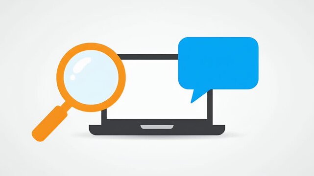 Laptop with Magnifying Glass and Speech Bubble - Digital Communication and Search Concept.