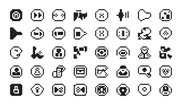 Comprehensive collection of retro pixel interface icons for game design and application ui.